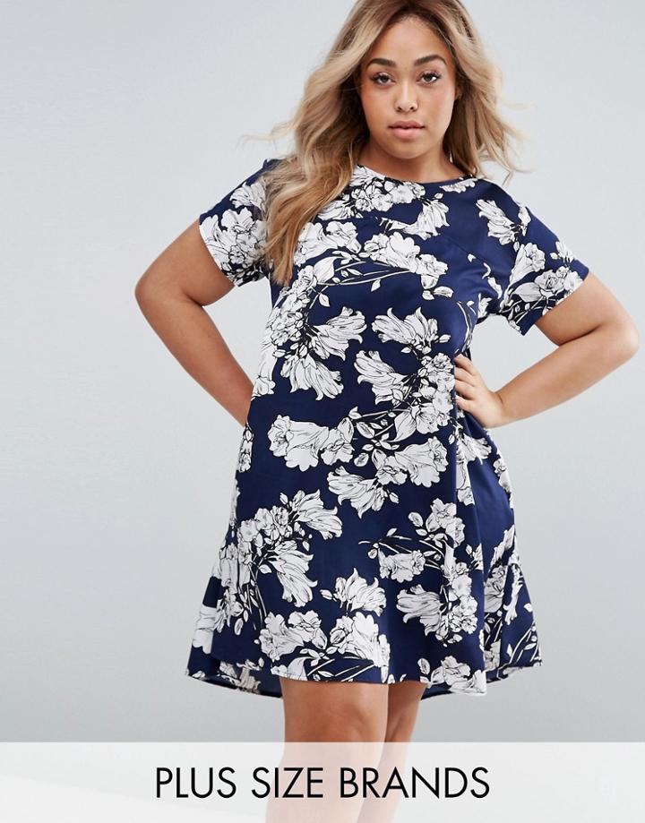 Ax Paris Plus Swing Dress In Floral Print - Navy