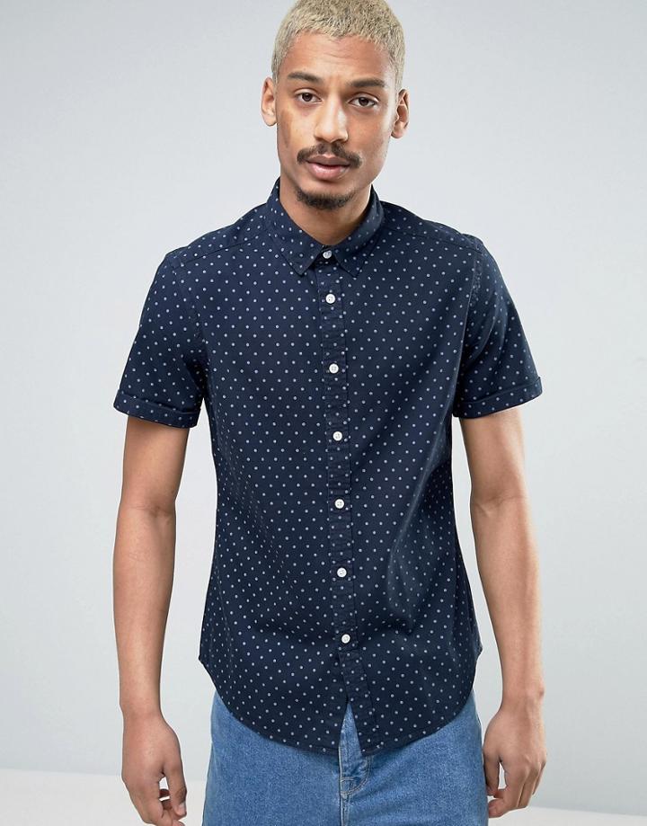 Asos Stretch Slim Denim Shirt With Polka Dots - Navy