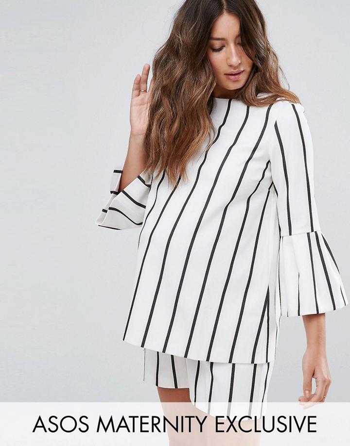 Asos Maternity Stripe Top With Frill Hem And Bell Sleeves Co-ord - White