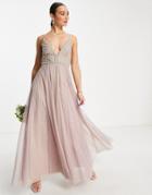 Asos Design Bridesmaid Pearl Embellished Bodice Cami Maxi Dress With Tulle Skirt In Mauve-purple