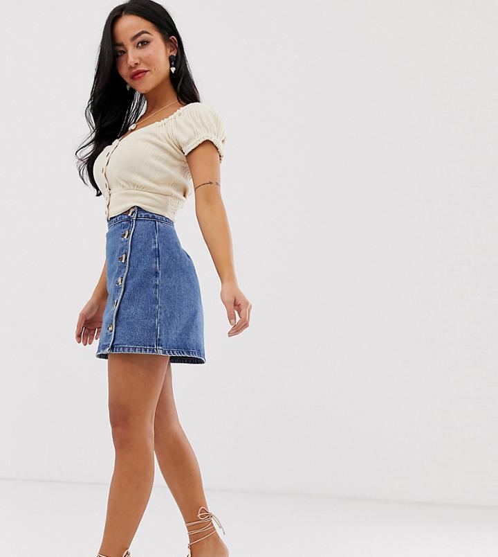 Asos Design Petite Denim Wrap Skirt With Buttons In Midwash Blue - Blue