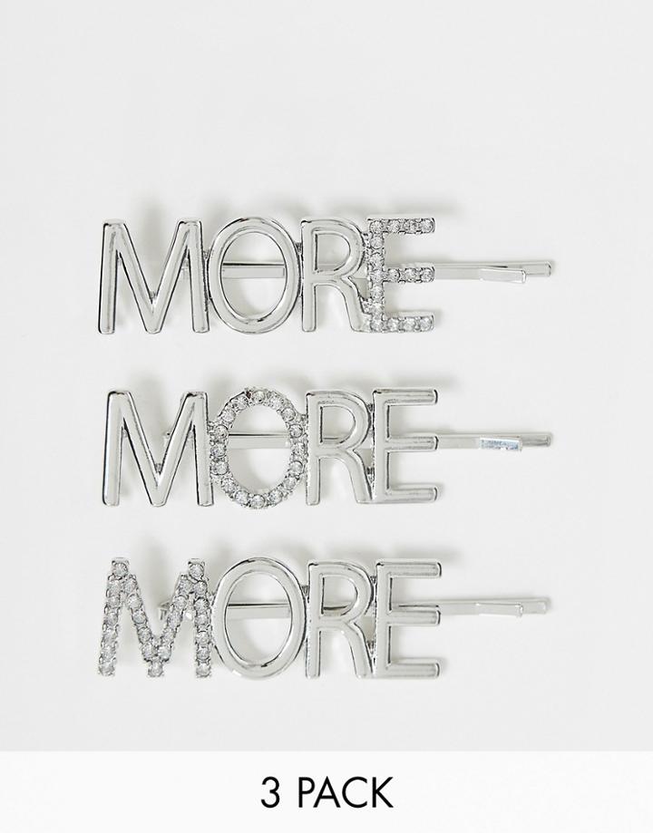 Asos Design Pack Of 3 Hair Clips In More More More Slogan In Silver Tone - Silver