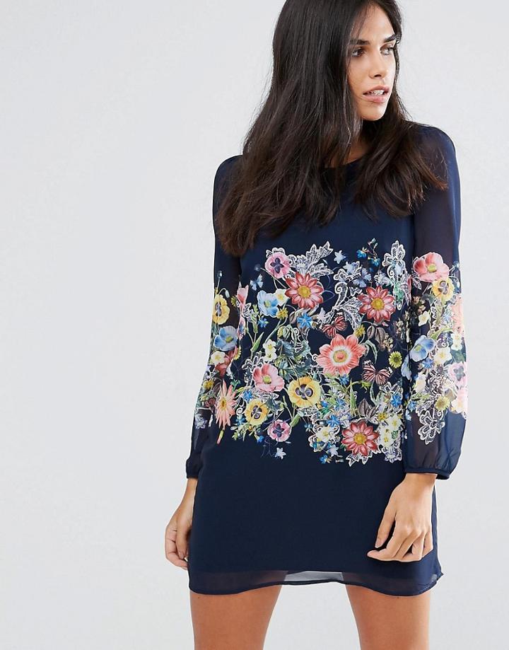 Yumi Botanical Print Long Sleeve Shift Dress - Navy