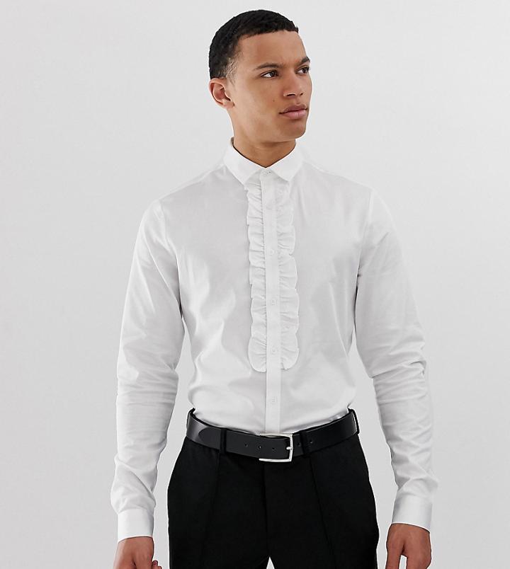 Asos Design Tall Stretch Slim Textured Shirt With Pleated Front-white
