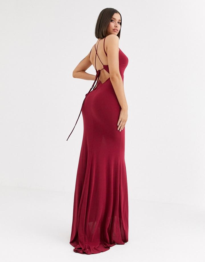 Club L London Plunge Front Strappy Back Maxi Dress In Raspberry-red