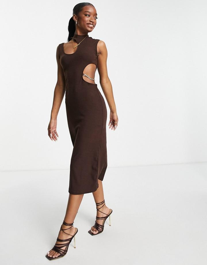 Trendyol High Neck Midi Dress With Cut Outs And Chain Detail In Brown