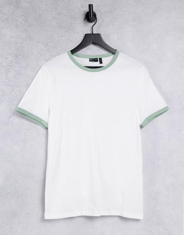Asos Design Organic T-shirt With Ringer In Pastel Green And White-multi
