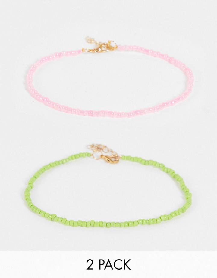 Designb London Pack Of 2 Beaded Anklets In Pink And Green-multi