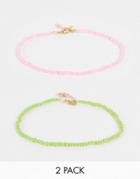 Designb London Pack Of 2 Beaded Anklets In Pink And Green-multi