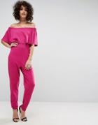 Asos Ruffle Bardot Jumpsuit In Jersey - Pink