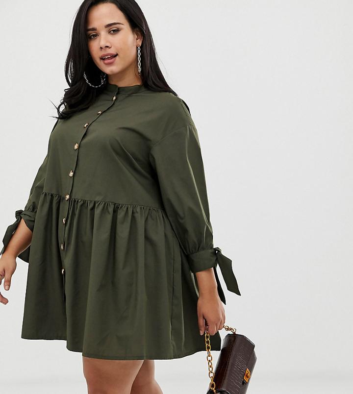 Asos Design Curve Grandad Collar Button Through Mini Smock Dress With Tie Sleeve-green