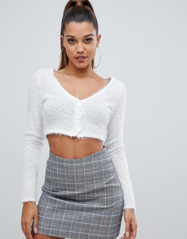 Prettylittlething Cropped Fluffy Knit Cardigan In Cream - Cream
