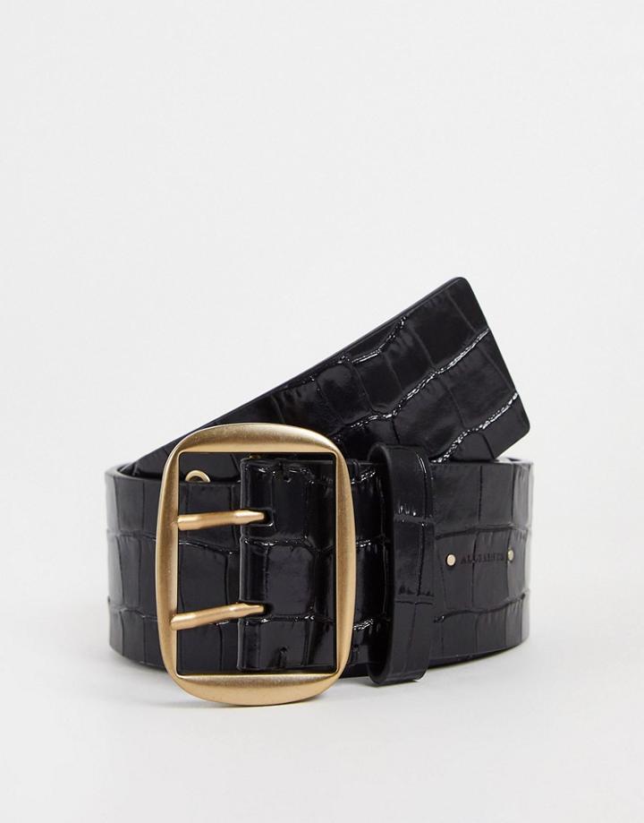 Allsaints 55mm Leather Waist Belt In Black Croc
