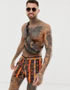 Asos Design Swim Short With Burnt Orange Geo-tribal Print In Short Length