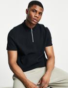 Asos Design Waffle Polo With Zip Detail In Black