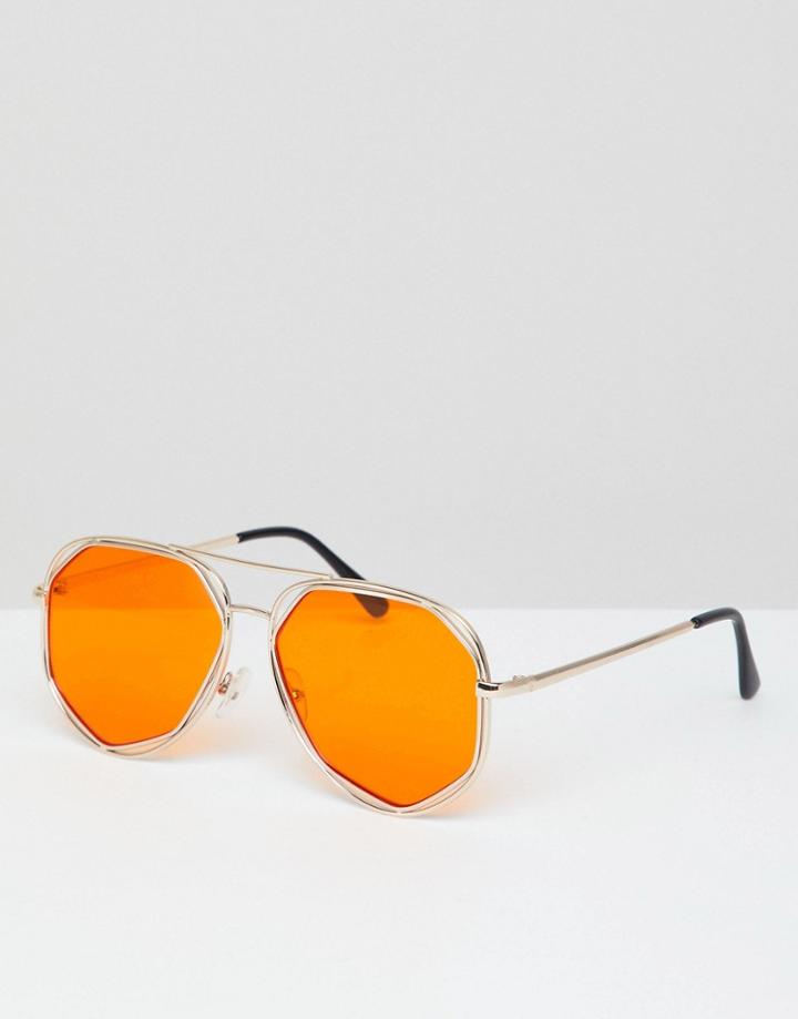 7x Hexagon Aviator Sunglasses With Colored Lens - Orange