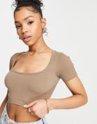 Stradivarius Seamless Ribbed Scoop Neck Top In Taupe-neutral