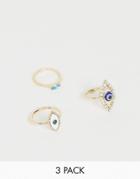 Asos Design Pack Of 3 Eye Rings In Gold Tone - Gold