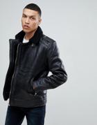 Bellfield Leather Aviator Jacket With Fleece Lining - Black