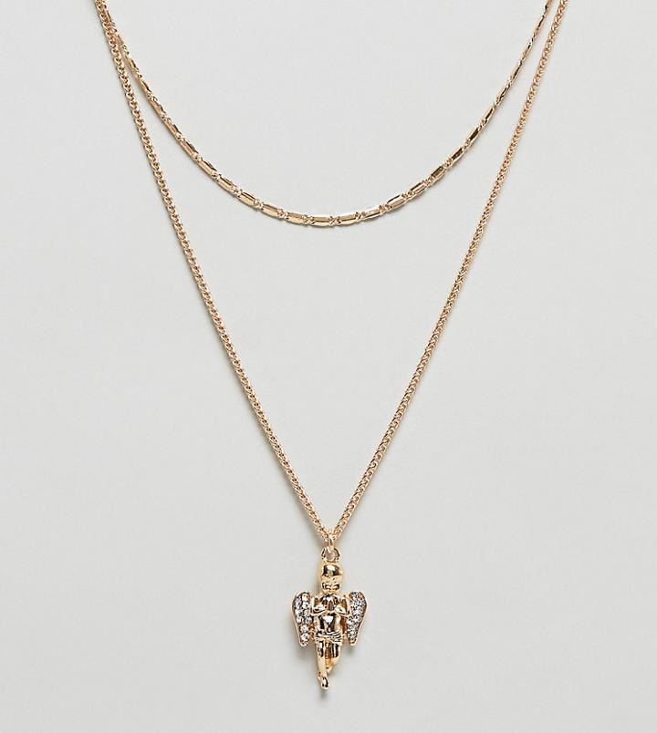 Asos Design Curve Multirow Necklace With Vintage Style Cherub Pendant In Gold - Gold