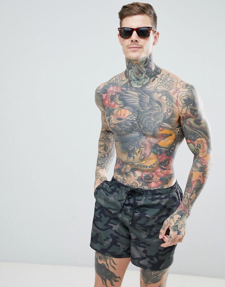 New Look Swim Shorts In Khaki Camo - Green