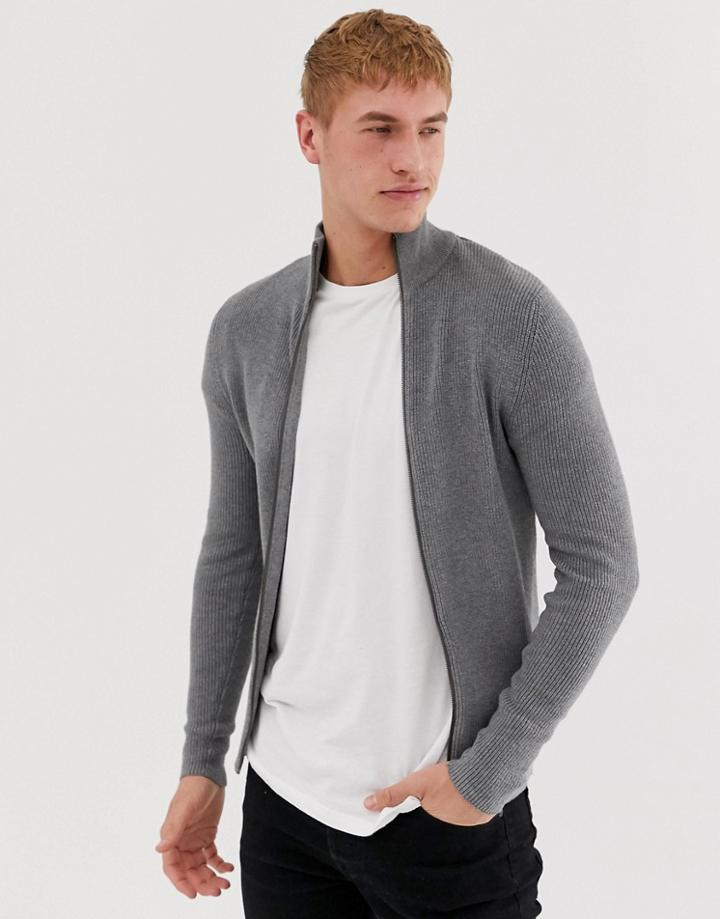 Jack And Jones Essentials Ribbed Zipped Cardigan - Gray