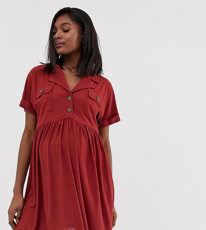 Asos Design Maternity Mini Textured Smock Dress With Button Detail-orange