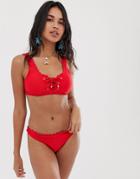Accessorize Rib Scallop Edge Lace Up Crop Bikini Top In Red - Red