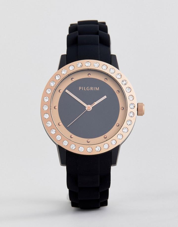 Pilgrim Rose Gold Plated Watch With Black Silicone Strap - Black