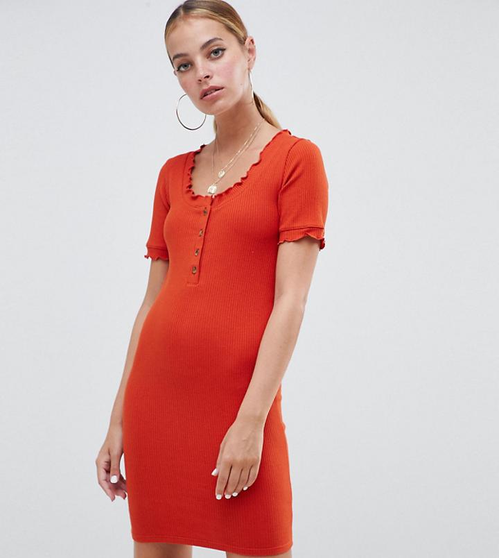 Asos Design Petite Rib Bodycon Mini Dress With Horn Buttons And Baby Overlock - Red