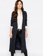 Pull & Bear Longline Check Duster Jacket - Navy Blue