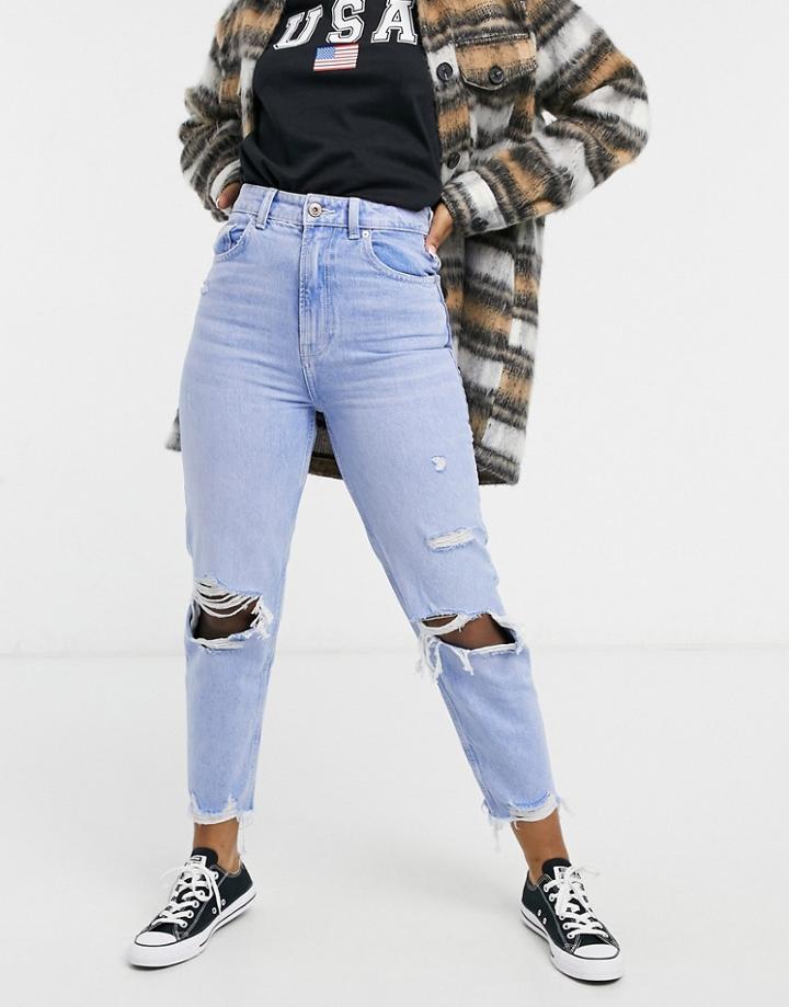 Bershka Organic Cotton Mom Jeans With Knee Rips And Distressed Hem In Light Blue-blues