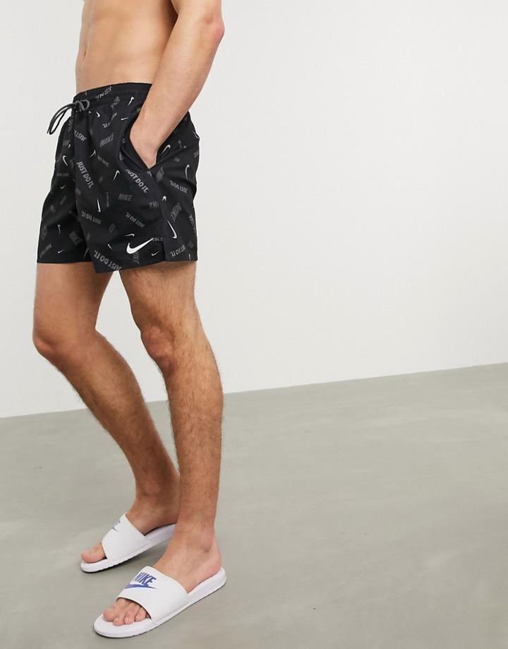 Nike Swimming 5inch Volley Shorts With All Over Swoosh Print In Black