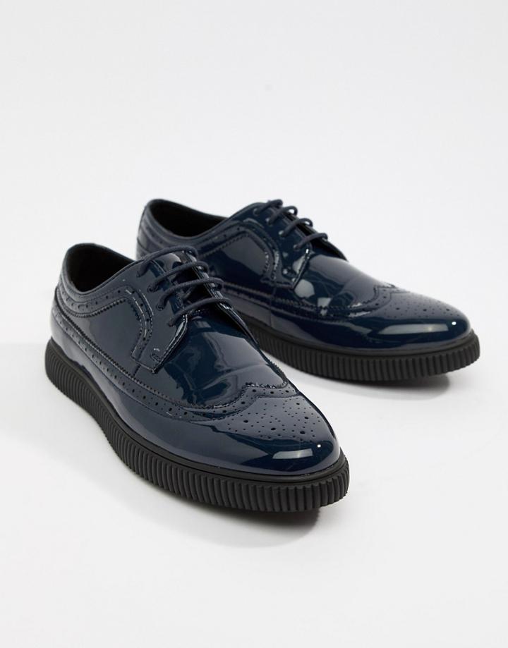 Asos Design Brogue Shoes In Navy Patent With Creeper Sole - Navy