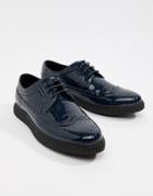 Asos Design Brogue Shoes In Navy Patent With Creeper Sole - Navy