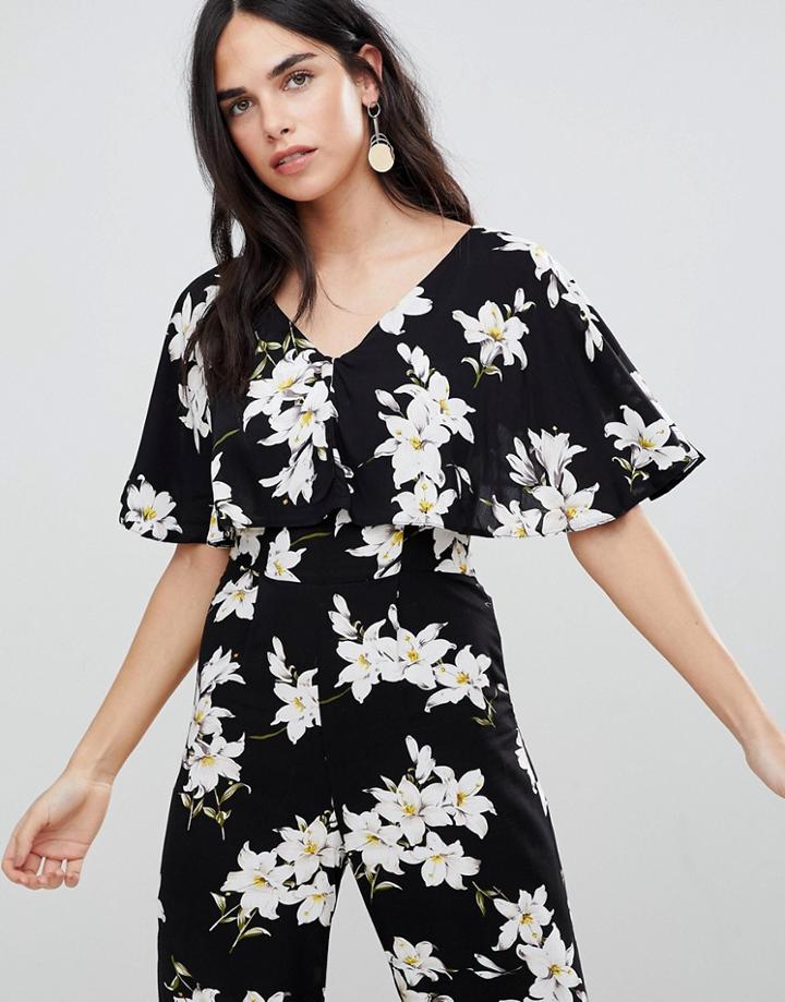 Ax Paris Floral Short Sleeve Jumpsuit-black