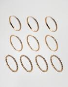 Asos Pack Of 10 Twist And Engraved Ring Pack - Gold