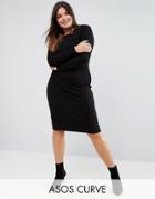Asos Curve Midi Bodycon Dress In Chunky Rib With Long Sleeves - Black