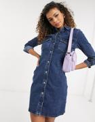 Jdy Sanna Long Sleeve Denim Mini Dress In Medium Blue Wash-navy