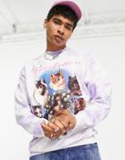 Asos Design Oversized Sweatshirt In Purple Tie Dye With Kitsch Cat Print-multi
