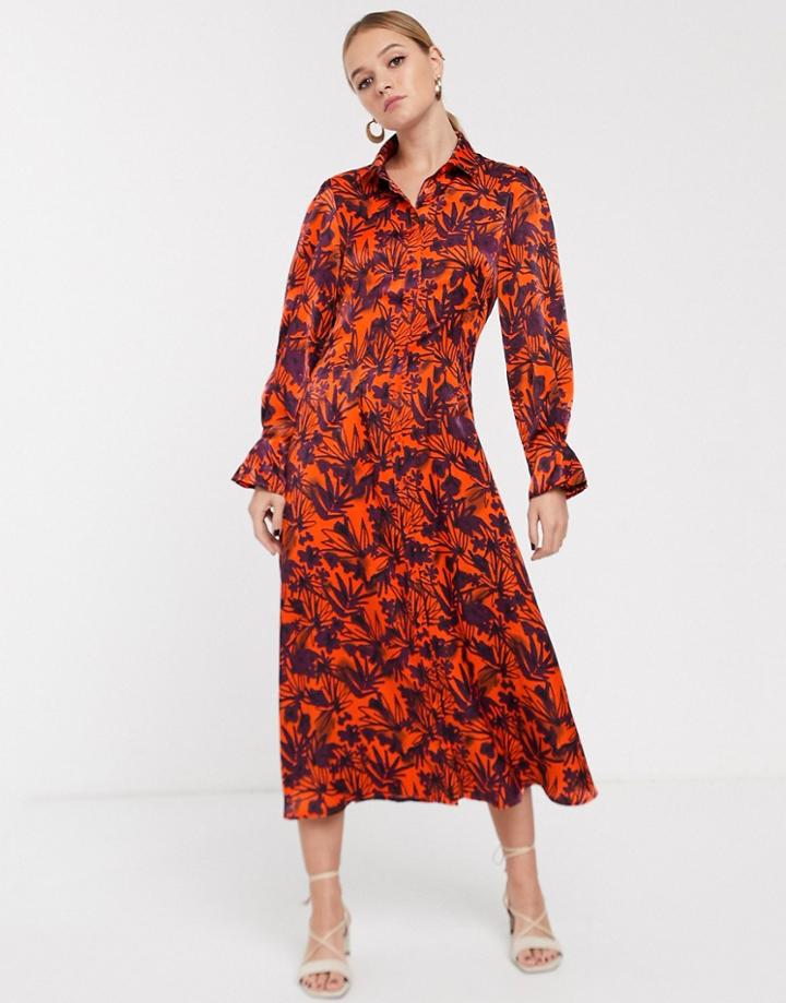 Glamorous Midi Shirt Dress With Contrast Floral-orange