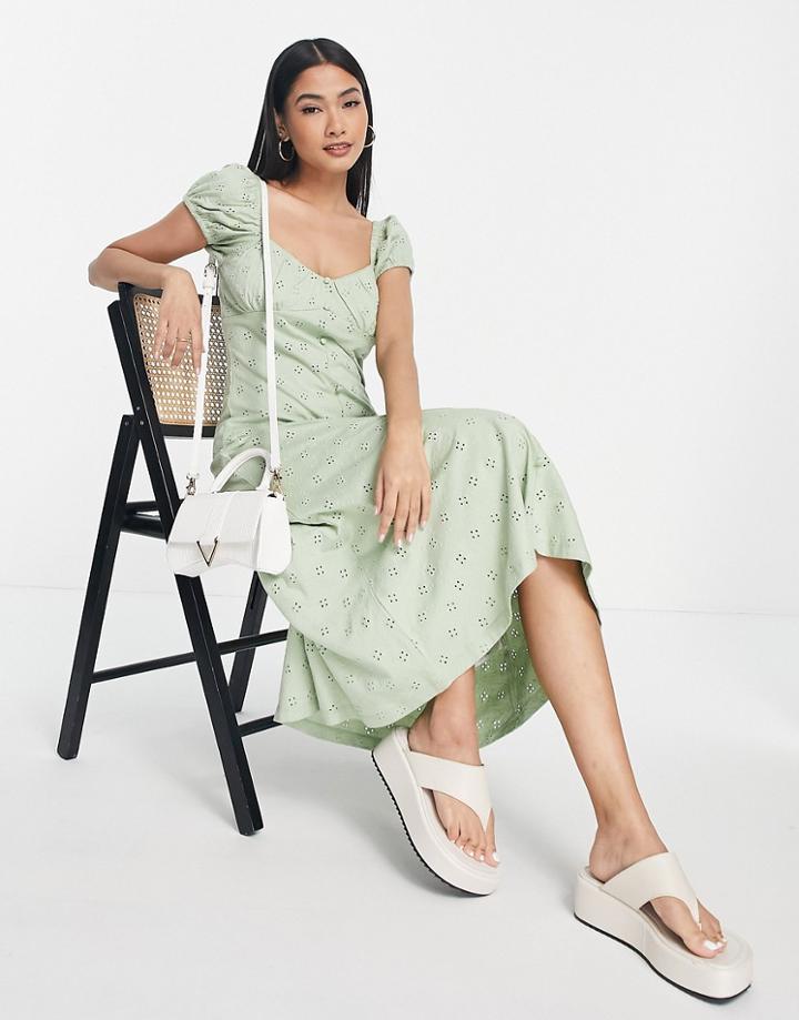 Asos Design Broderie Bust Detail Midi Tea Dress With Buttons In Sage-green