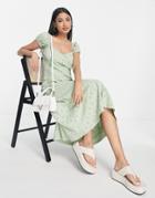 Asos Design Broderie Bust Detail Midi Tea Dress With Buttons In Sage-green