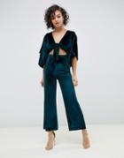 Asos Design Kimono Sleeve Jumpsuit With Tie In Velvet-green