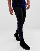 Burton Menswear Slim Fit Pants With Cobalt Velvet Side Stripe In Black - Black