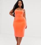 Fashionkilla Plus Square Neck Midi Dress With Buckle Strap Detail In Fluro Orange - Orange