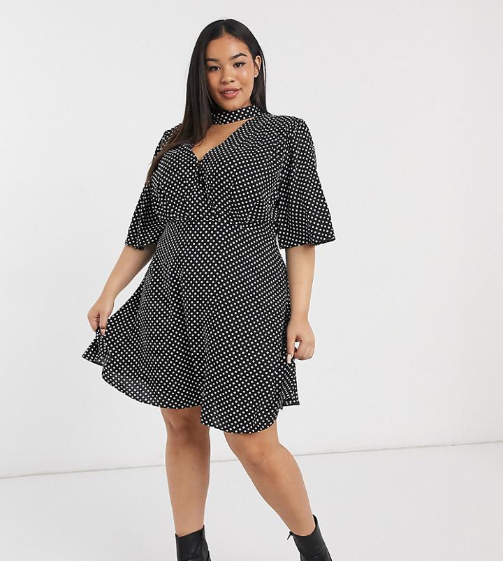Asos Design Curve High Neck Mini Dress With Flutter Sleeve In Mono Spot-multi