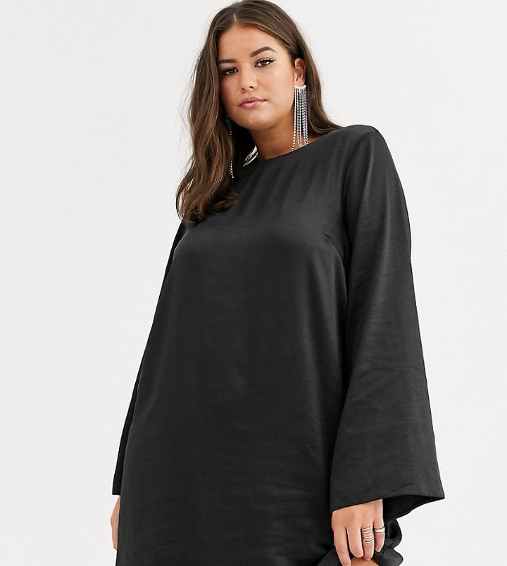Asos Design Curve Long Sleeve Satin Shift Mini Dress - Black