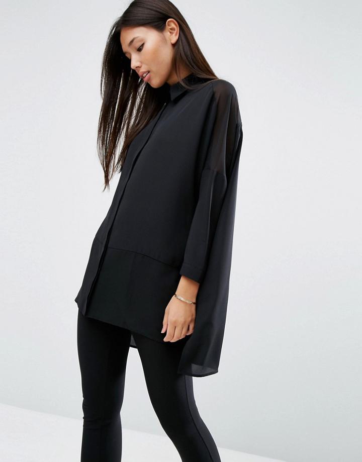 Asos Design Soft Long Sleeve Shirt In Sheer And Solid-black