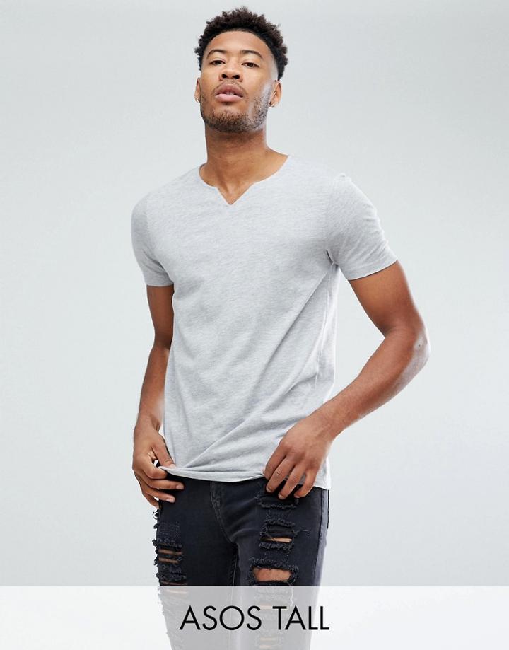 Asos Tall Relaxed Fit T-shirt With Notch Neck In Gray - Gray